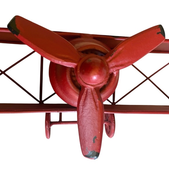 Vintage Style Red Metal Biplane Wall Decor 16” Wing Span Distressed Med. Weight - Picture 5 of 16